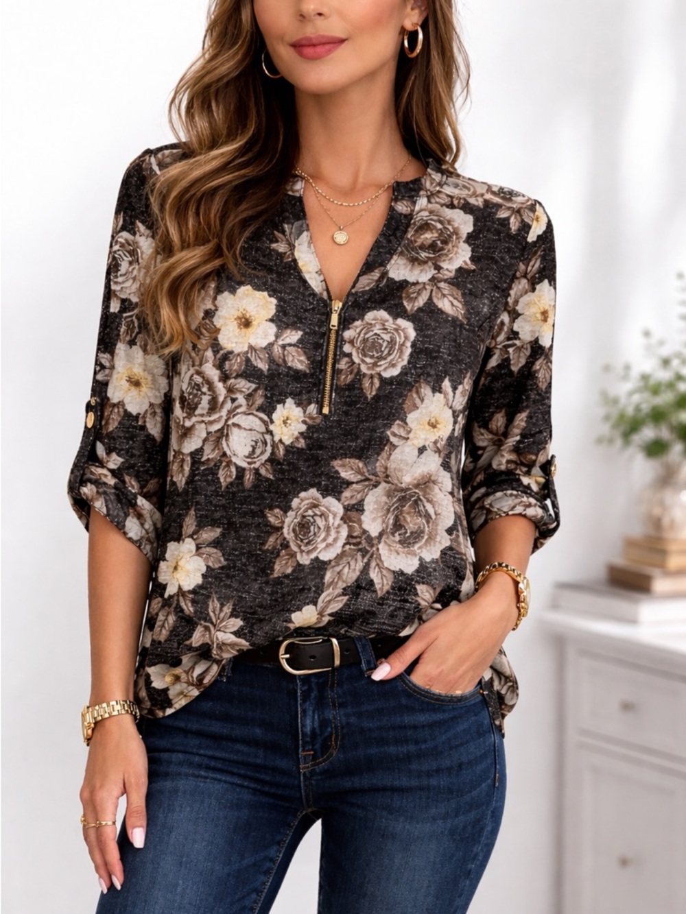 Rebecca Malone Floral Shimmer Blouse Small Zip Neck 3/4 Sleeve Career Top